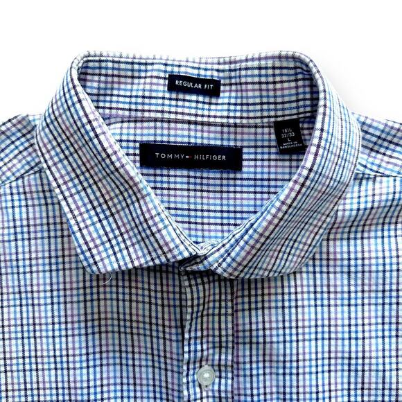 TOMMY HILFIGER Button Up Check Shirt Preppy Nautical Blue Purple 16 1/2 Large - Picture 1 of 11